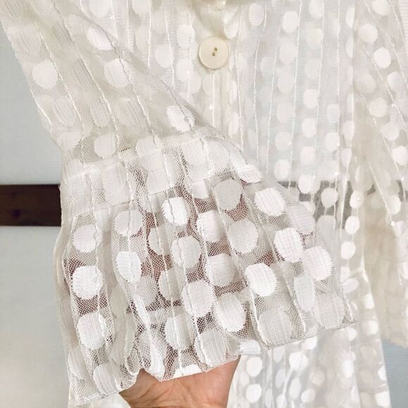 Vintage White Sheer Tulle Lace‎ Polka Dots 3/4 Sleeve Adjust Collar Jacket SzS - Picture 3 of 8